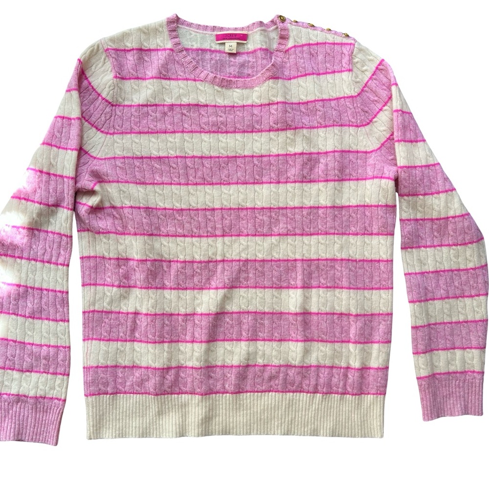 J.Crew Cable-knit Cashmere Crewneck Sweater Pink White Stripe Shoulder Buttons M - Picture 2 of 8